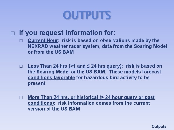 OUTPUTS � If you request information for: � Current Hour: risk is based on