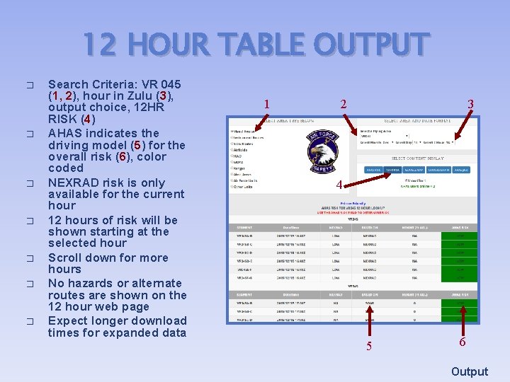 12 HOUR TABLE OUTPUT � � � � Search Criteria: VR 045 (1, 2),