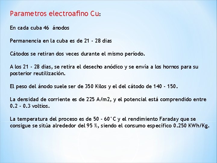 Parametros electroafino Cu: En cada cuba 46 ánodos Permanencia en la cuba es de