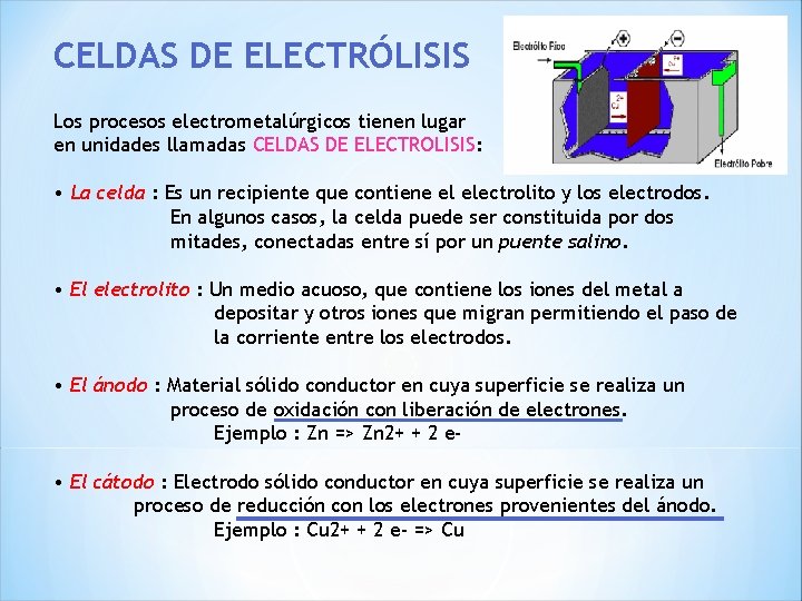 CELDAS DE ELECTRÓLISIS Los procesos electrometalúrgicos tienen lugar en unidades llamadas CELDAS DE ELECTROLISIS: