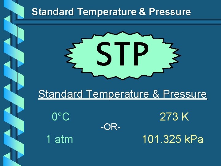 Standard Temperature & Pressure STP Standard Temperature & Pressure 0°C 1 atm -OR- 273