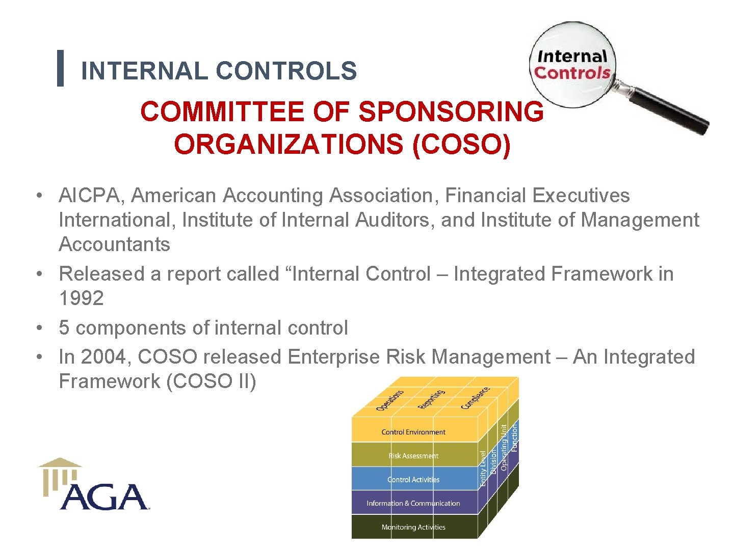 INTERNAL CONTROLS COMMITTEE OF SPONSORING ORGANIZATIONS (COSO) • AICPA, American Accounting Association, Financial Executives