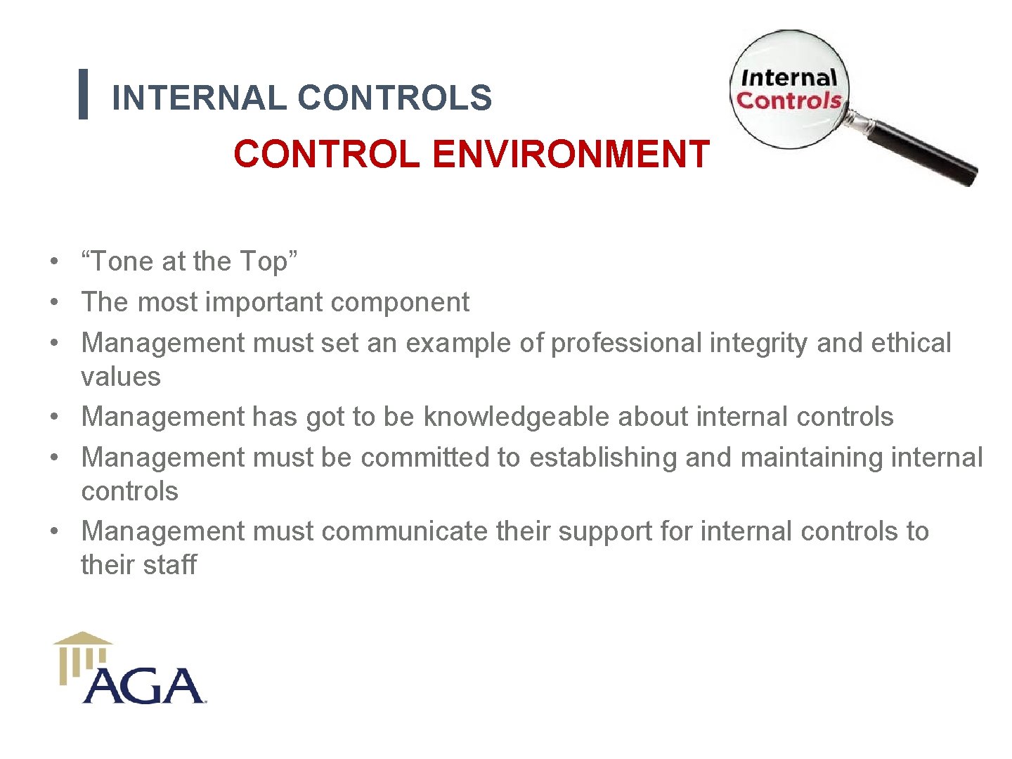 INTERNAL CONTROLS CONTROL ENVIRONMENT • “Tone at the Top” • The most important component