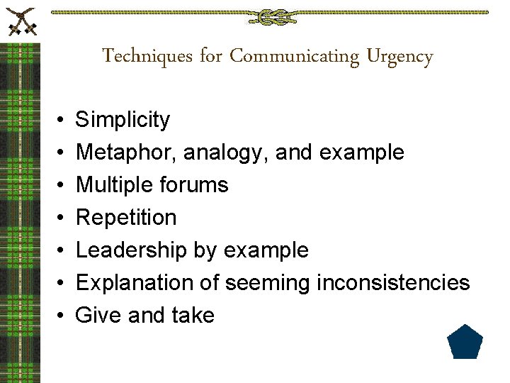 Techniques for Communicating Urgency • • Simplicity Metaphor, analogy, and example Multiple forums Repetition