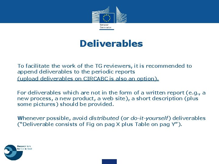 Deliverables • • To facilitate the work of the TG reviewers, it is recommended
