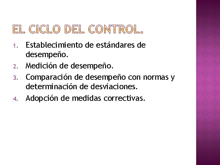 1. 2. 3. 4. Establecimiento de estándares de desempeño. Medición de desempeño. Comparación de