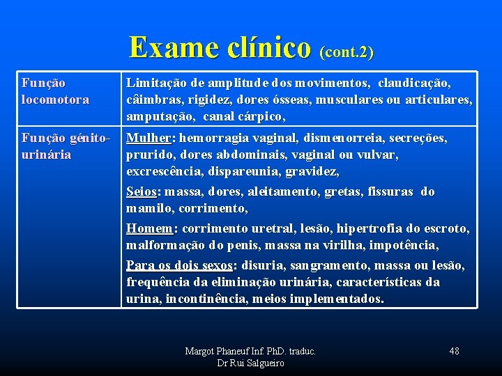 Exame clínico (cont. 2) Função locomotora Limitação de amplitude dos movimentos, claudicação, câimbras, rigidez,