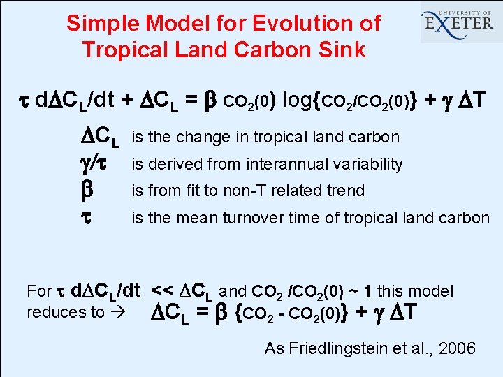 Simple Model for Evolution of Tropical Land Carbon Sink t d. DCL/dt + DCL