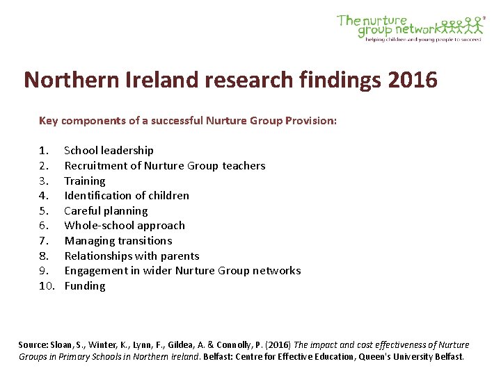 Northern Ireland research findings 2016 Key components of a successful Nurture Group Provision: 1.