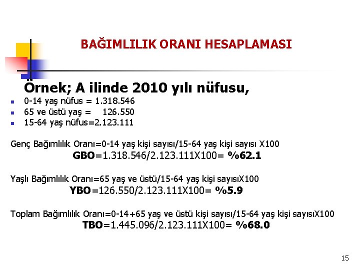 BAĞIMLILIK ORANI HESAPLAMASI Örnek; A ilinde 2010 yılı nüfusu, n n n 0 -14