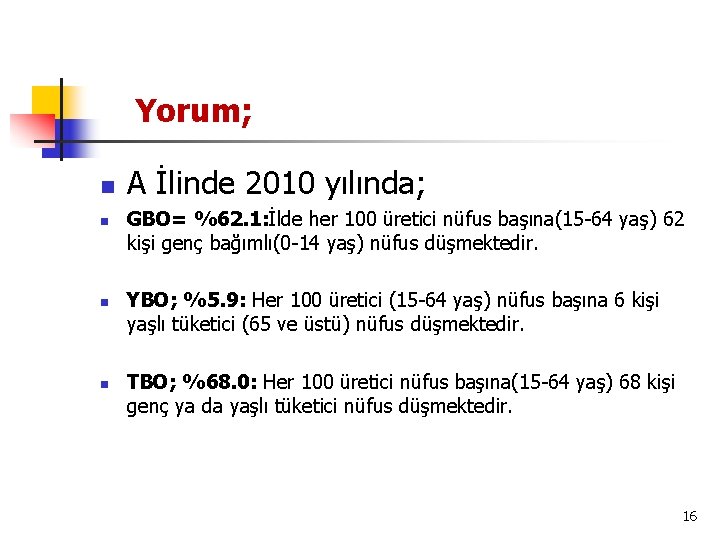 Yorum; n n A İlinde 2010 yılında; GBO= %62. 1: İlde her 100 üretici