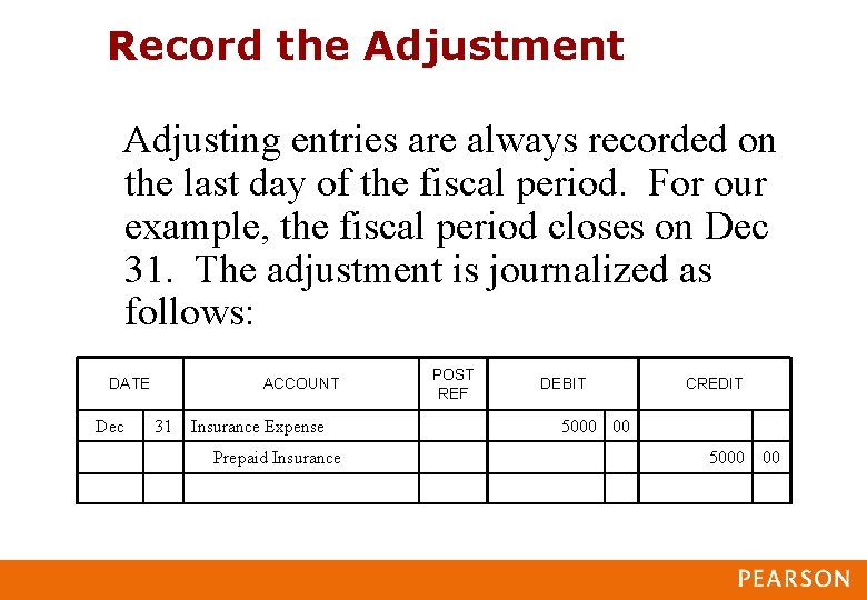 Record the Adjustment Adjusting entries are always recorded on the last day of the