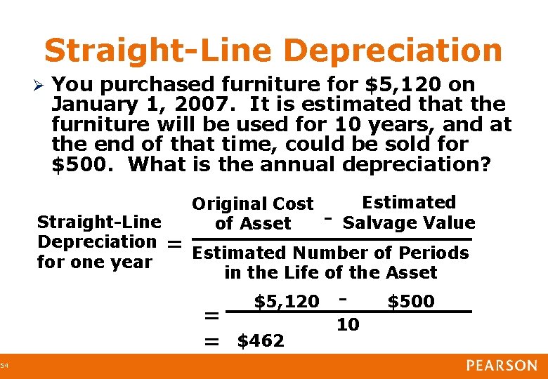 54 Straight-Line Depreciation You purchased furniture for $5, 120 on January 1, 2007. It