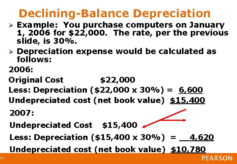 59 Declining-Balance Depreciation Example: You purchase computers on January 1, 2006 for $22, 000.