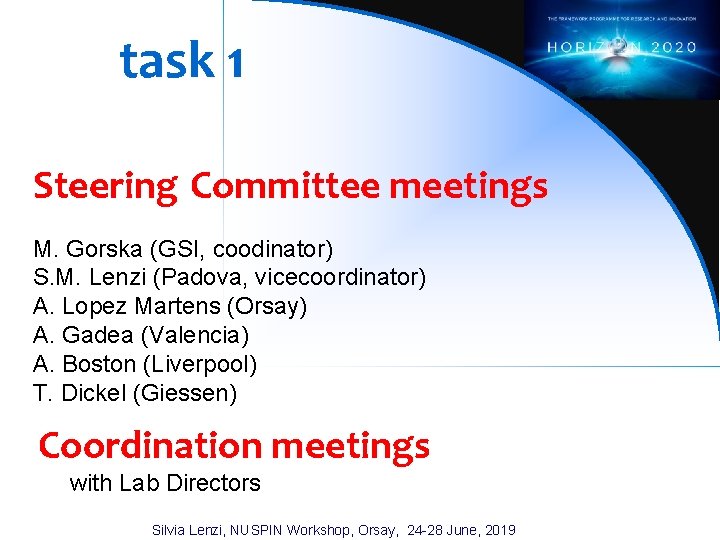 task 1 Steering Committee meetings M. Gorska (GSI, coodinator) S. M. Lenzi (Padova, vicecoordinator)