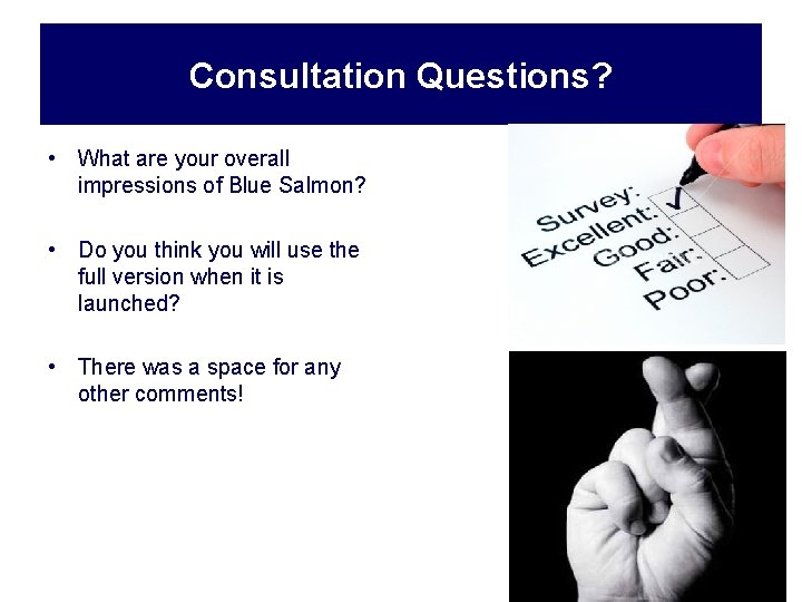 Consultation Questions? • What are your overall impressions of Blue Salmon? • Do you