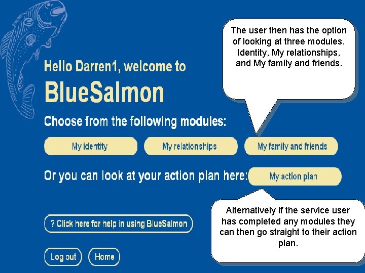 The user then has the option of looking at three modules. Identity, My relationships,