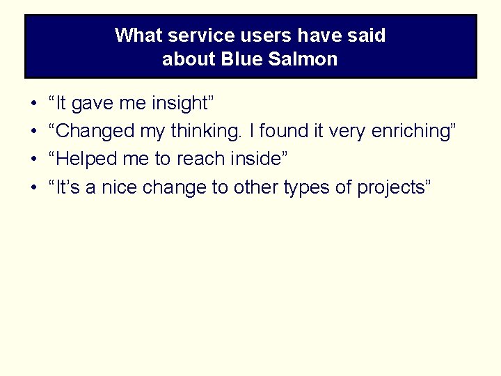 What service users have said about Blue Salmon • • “It gave me insight”