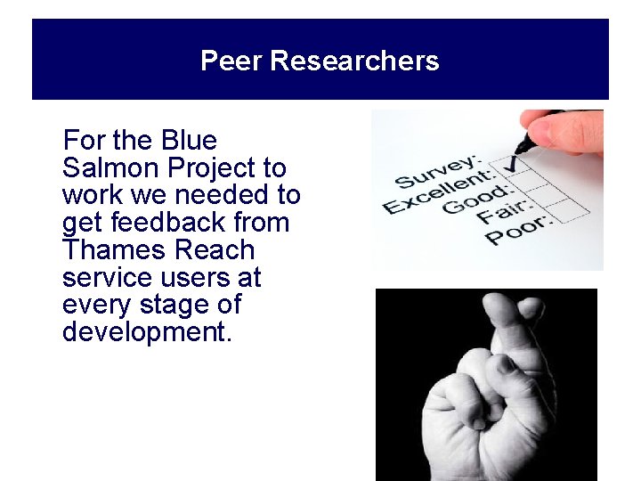 Peer Researchers For the Blue Salmon Project to work we needed to get feedback