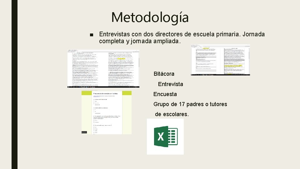 Metodología ■ Entrevistas con dos directores de escuela primaria. Jornada completa y jornada ampliada.