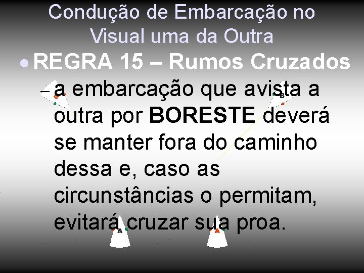 Condução de Embarcação no Visual uma da Outra REGRA 15 – Rumos Cruzados a Condução de Embarcação no Visual uma da Outra REGRA 15 – Rumos Cruzados a