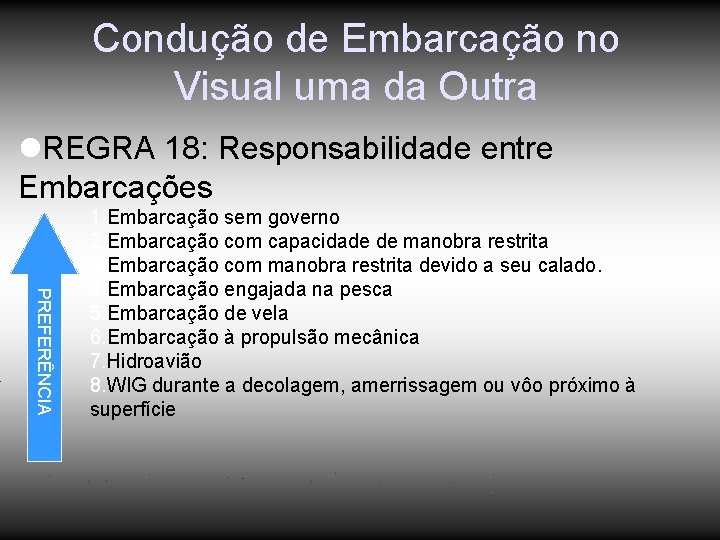 Condução de Embarcação no Visual uma da Outra REGRA 18: Responsabilidade entre Embarcações P Condução de Embarcação no Visual uma da Outra REGRA 18: Responsabilidade entre Embarcações P