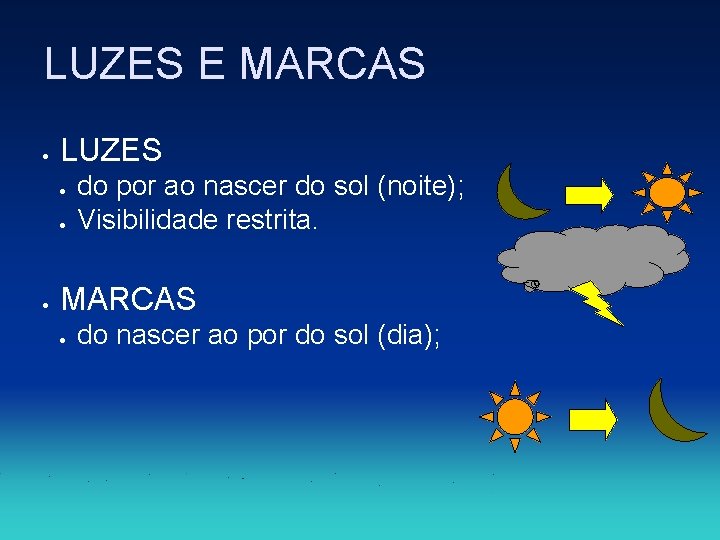 LUZES E MARCAS LUZES do por ao nascer do sol (noite); Visibilidade restrita. MARCAS LUZES E MARCAS LUZES do por ao nascer do sol (noite); Visibilidade restrita. MARCAS