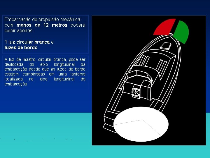 Embarcação de propulsão mecânica com menos de 12 metros poderá exibir apenas: 1 luz Embarcação de propulsão mecânica com menos de 12 metros poderá exibir apenas: 1 luz