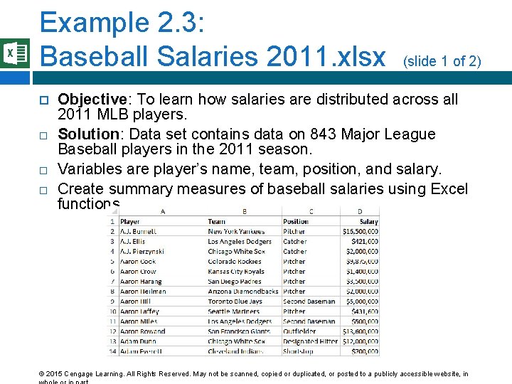 Example 2. 3: Baseball Salaries 2011. xlsx (slide 1 of 2) Objective: To learn