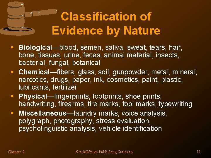 Classification of Evidence by Nature § Biological—blood, semen, saliva, sweat, tears, hair, bone, tissues, Classification of Evidence by Nature § Biological—blood, semen, saliva, sweat, tears, hair, bone, tissues,