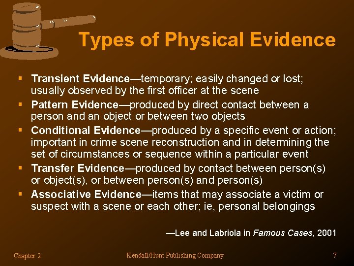 Types of Physical Evidence § Transient Evidence—temporary; easily changed or lost; usually observed by Types of Physical Evidence § Transient Evidence—temporary; easily changed or lost; usually observed by
