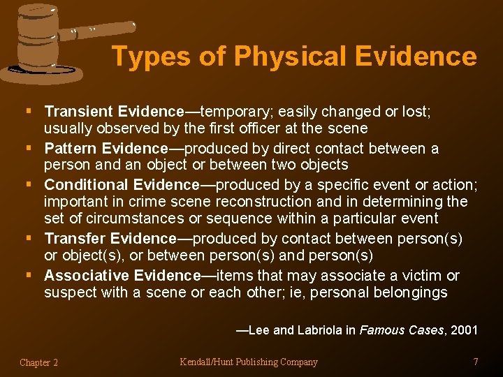 Types of Physical Evidence § Transient Evidence—temporary; easily changed or lost; usually observed by