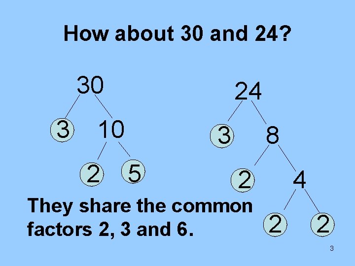 How about 30 and 24? 30 3 24 10 2 3 5 8 2