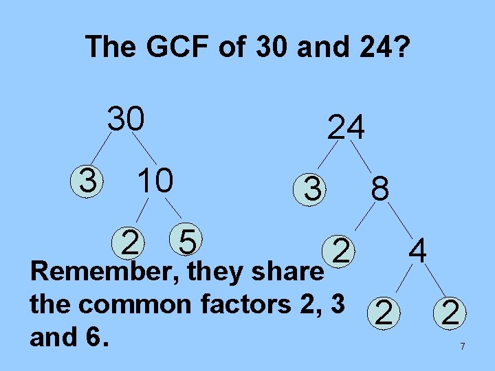 The GCF of 30 and 24? 30 3 24 10 2 3 5 8