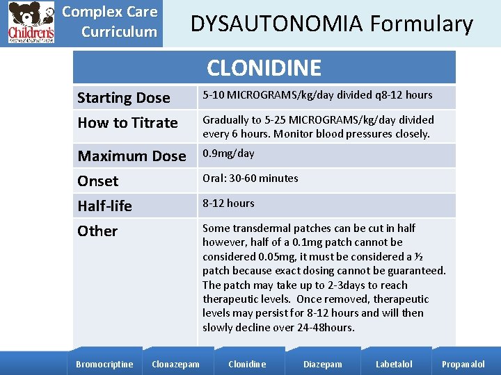 Complex Care Curriculum DYSAUTONOMIA Formulary CLONIDINE Starting Dose 5 -10 MICROGRAMS/kg/day divided q 8