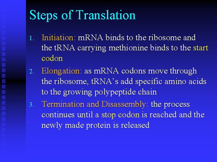 Steps of Translation 1. 2. 3. Initiation: m. RNA binds to the ribosome and