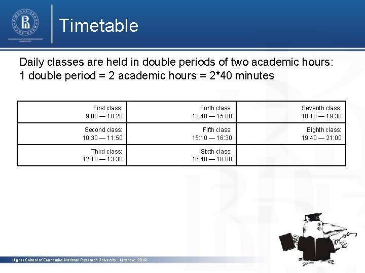 Timetable Daily classes are held in double periods of two academic hours: 1 double