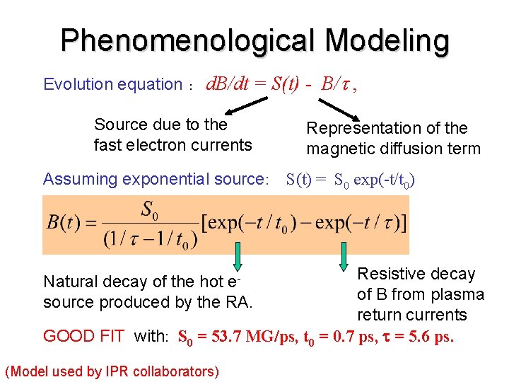 Phenomenological Modeling Evolution equation : d. B/dt = S(t) - B/ , Source due