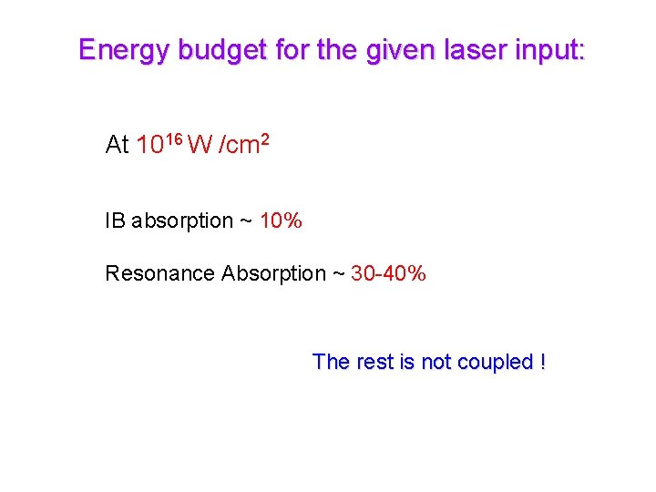 Energy budget for the given laser input: At 1016 W /cm 2 IB absorption