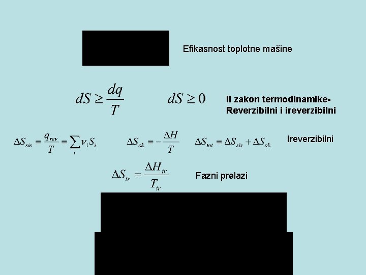 Efikasnost toplotne mašine II zakon termodinamike. Reverzibilni i ireverzibilni Ireverzibilni Fazni prelazi Efikasnost toplotne mašine II zakon termodinamike. Reverzibilni i ireverzibilni Ireverzibilni Fazni prelazi
