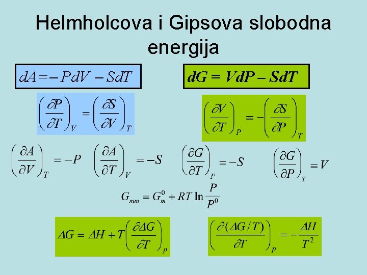 Helmholcova i Gipsova slobodna energija d. A= Pd. V Sd. T d. G =