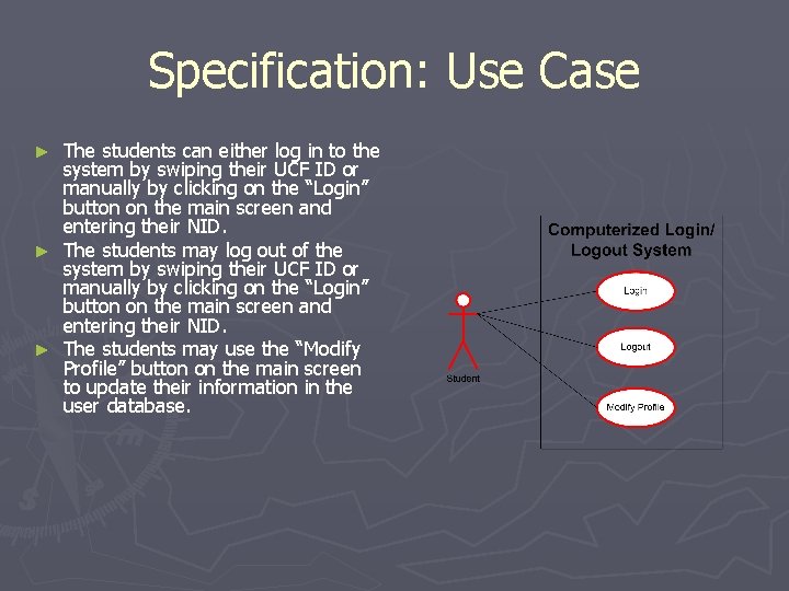 Specification: Use Case The students can either log in to the system by swiping