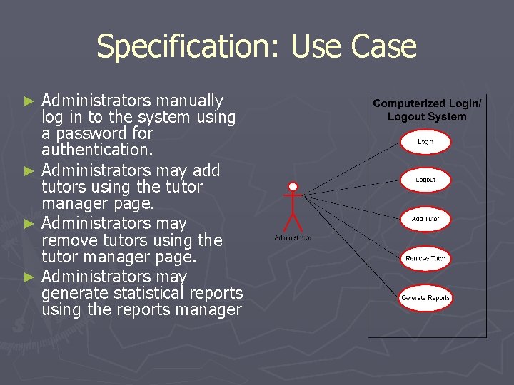 Specification: Use Case Administrators manually log in to the system using a password for