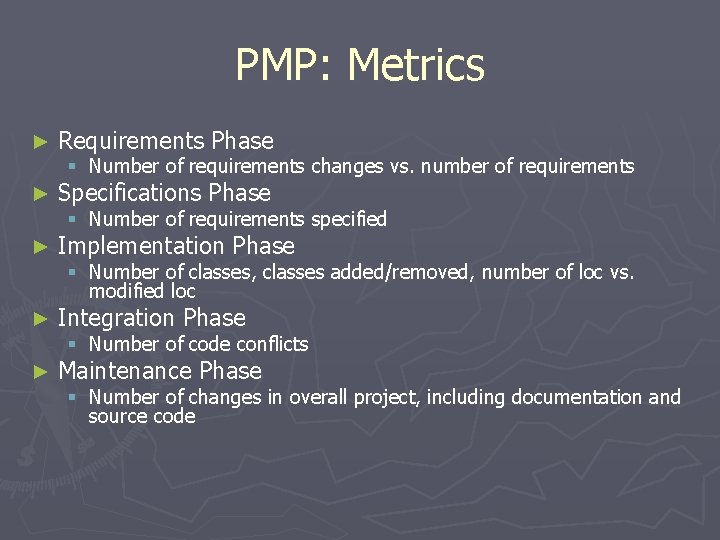 PMP: Metrics ► Requirements Phase ► Specifications Phase ► Implementation Phase ► Integration Phase