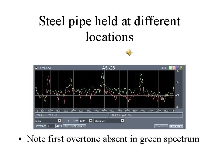 Steel pipe held at different locations • Note first overtone absent in green spectrum