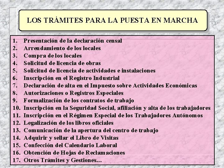 LOS TRÁMITES PARA LA PUESTA EN MARCHA 1. 2. 3. 4. 5. 6. 7.