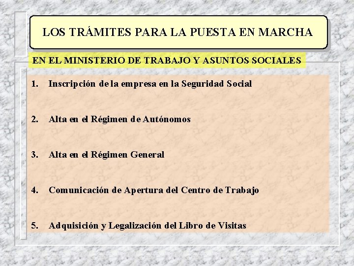 LOS TRÁMITES PARA LA PUESTA EN MARCHA EN EL MINISTERIO DE TRABAJO Y ASUNTOS