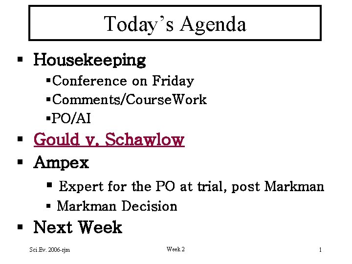 Today’s Agenda § Housekeeping §Conference on Friday §Comments/Course. Work §PO/AI § Gould v. Schawlow