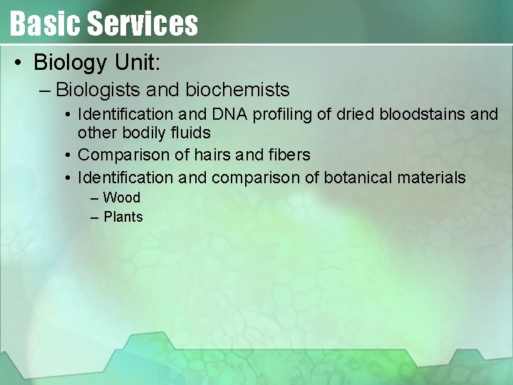 Basic Services • Biology Unit: – Biologists and biochemists • Identification and DNA profiling