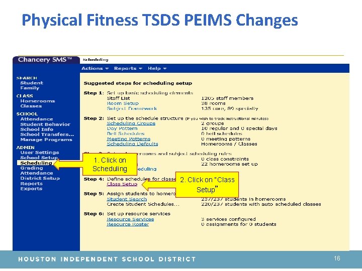 Physical Fitness TSDS PEIMS Changes 1. Click on Scheduling 2. Click on “Class Setup”